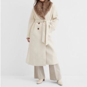LOFT Cream Coat with Brown Faux Fur Collar